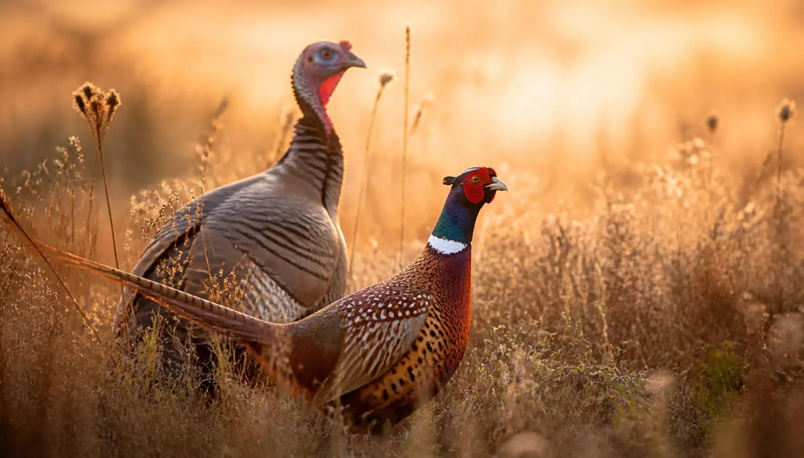 Wild turkey and ring-necked pheasant in native grass