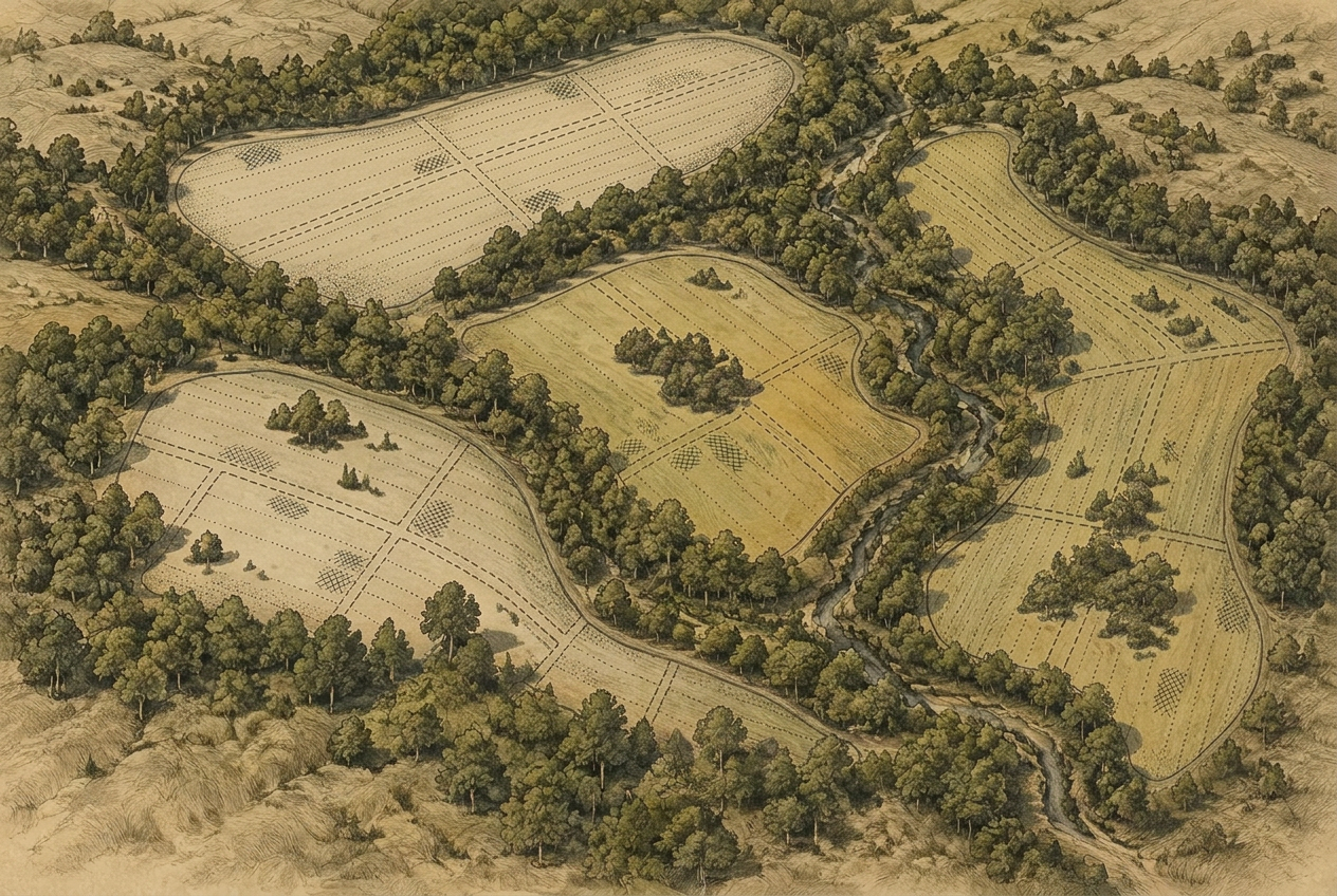 Vintage illustrated aerial map of the east Prairie Flush dog training grounds with five fields