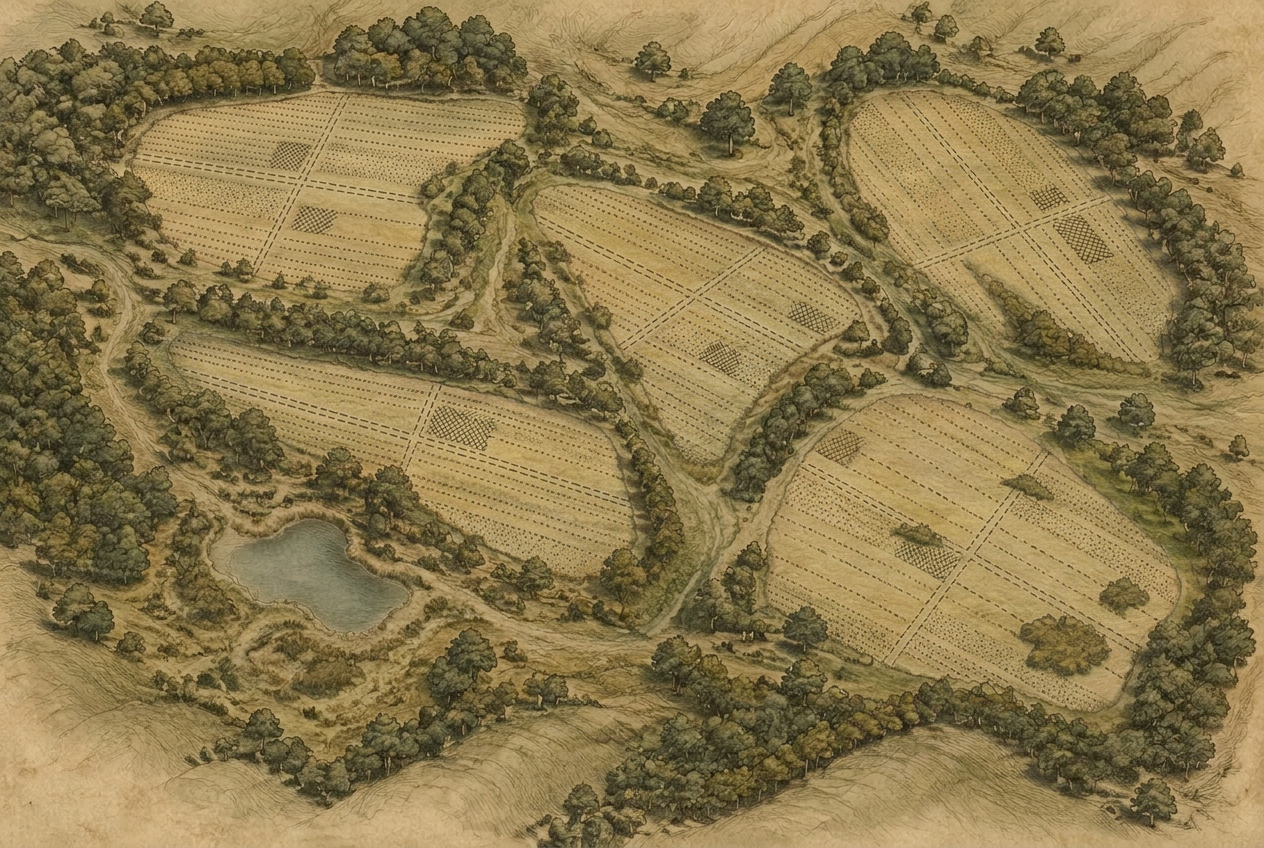 Vintage illustrated aerial map of the west Prairie Flush dog training grounds with five fields and a pond
